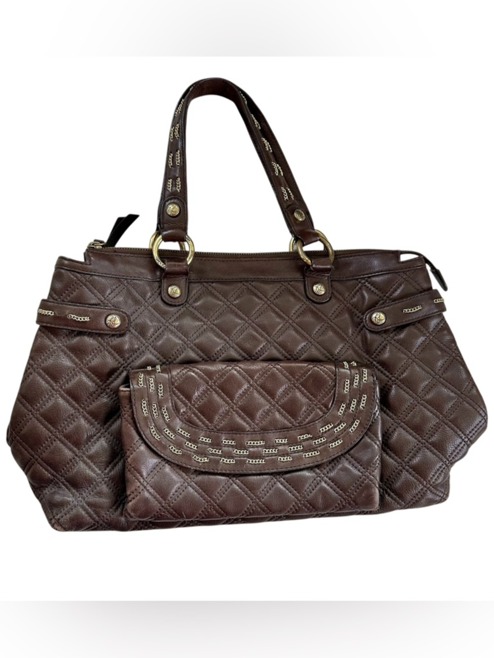 Kate Landry Quilted Brown Leather Tote Bag with Front Pocket